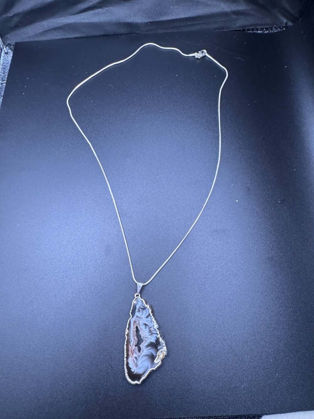Vintage Agate Geode Slice Pendant Sterling Silver 925 Chain Necklace